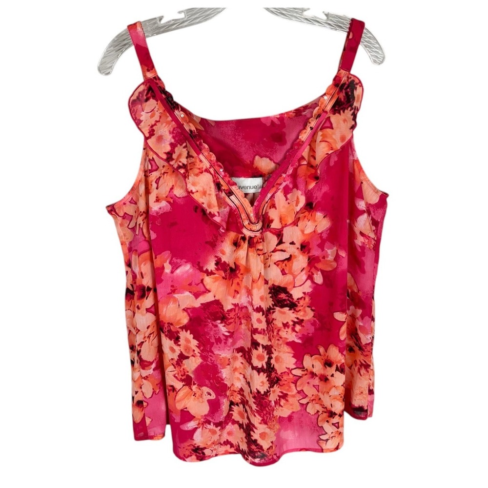 Floral Tank Top Plus Sz 18/20 Pink Orange Ruffle Neck Tropical Sleeveless Resort